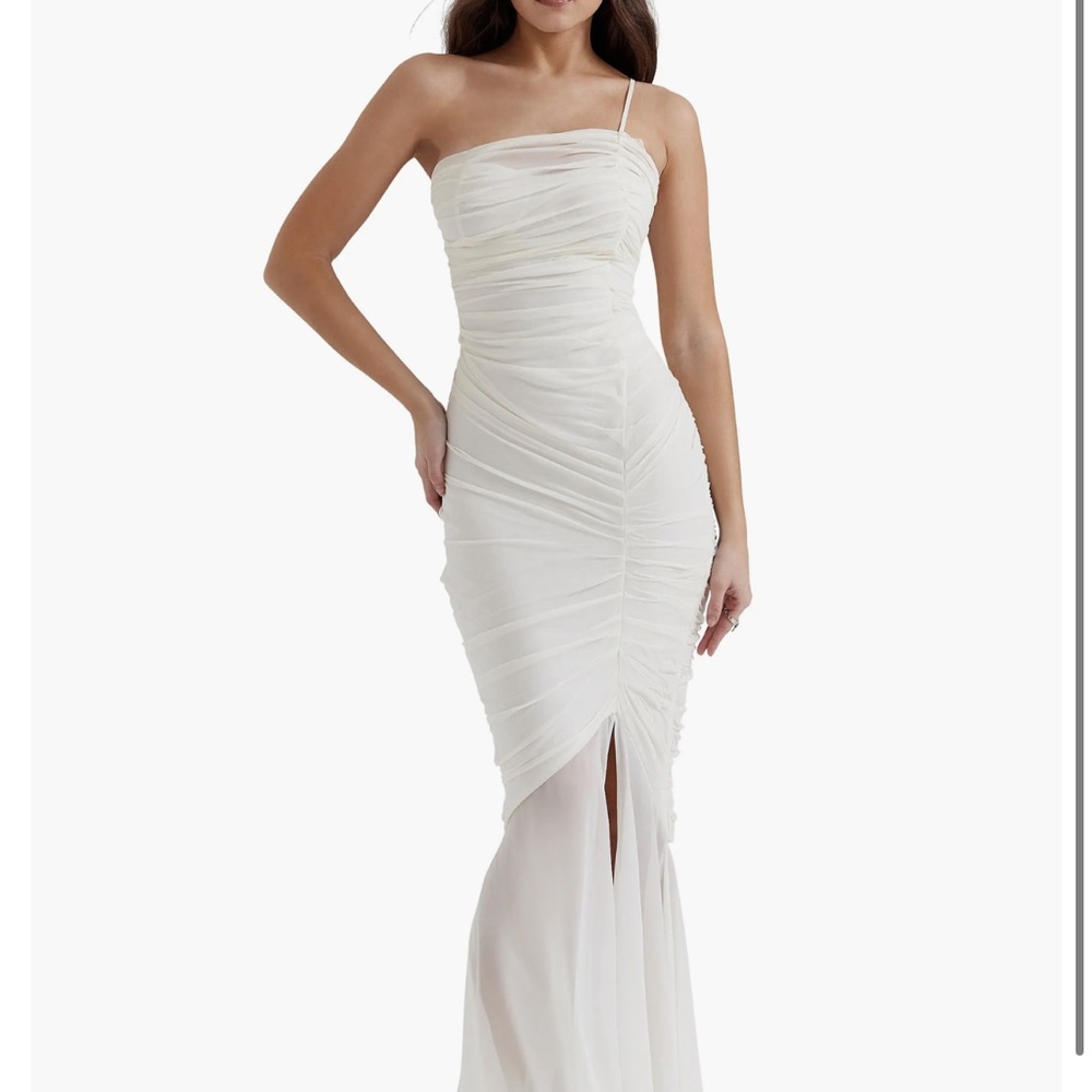 House of CB White Ruched Spaghetti Strap Maxi Gown